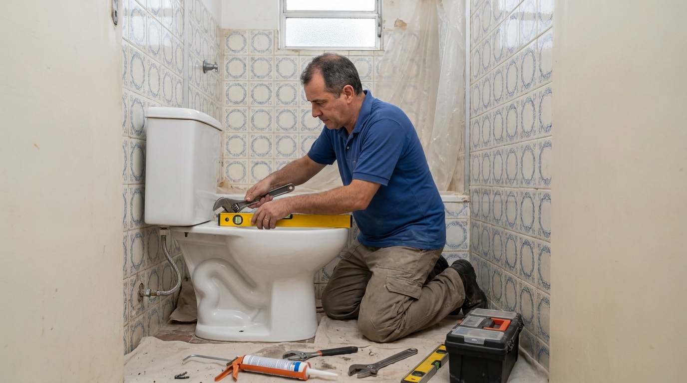 Técnico instalando vaso sanitário em Anápolis‑GO